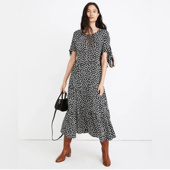 Madewell Tie-Sleeve Tiered Midi Dress in Woodcut Flowers - Size 8 - EUC - Picture 1 of 5